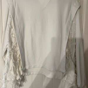 Anthropologie White Sweatshirt with Fringe Sleeves